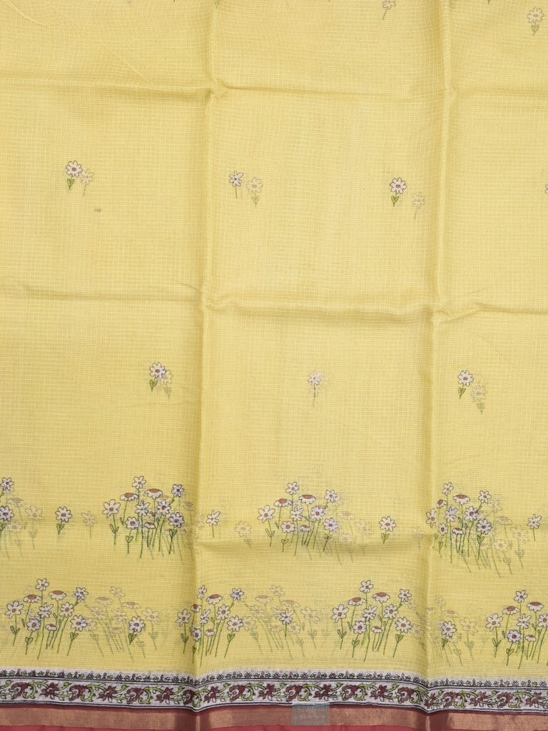 Kota fancy fancy saree light yellow color allover prints & zari border with printed pallu and contrast plain blouse