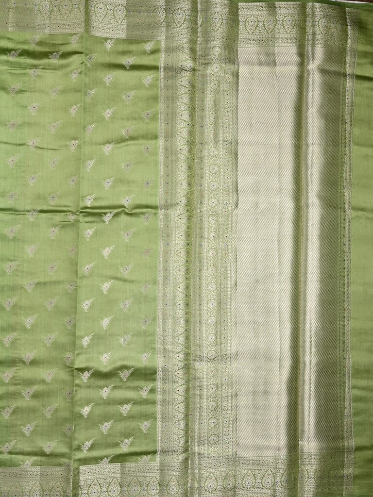 Raw mango pattu saree parrot green color allover zari motifs & zari border with zari pallu and brocade blouse