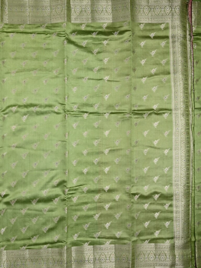 Raw mango pattu saree parrot green color allover zari motifs & zari border with zari pallu and brocade blouse