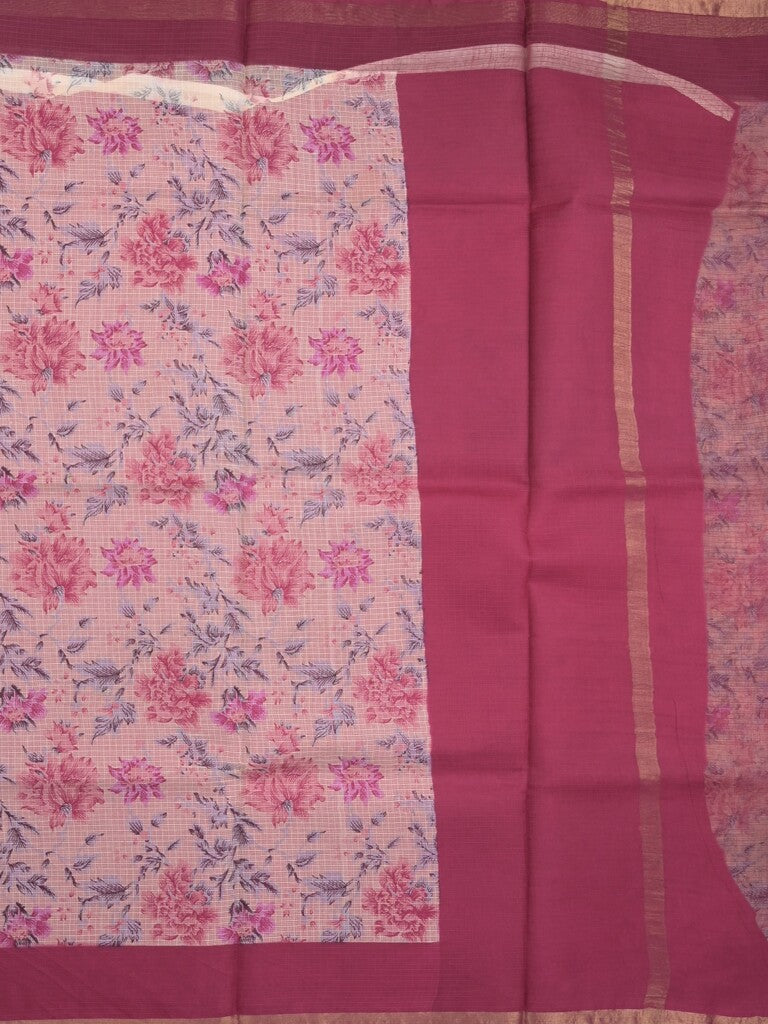 Kota fancy fancy saree light cream color allover prints & zari border with printed pallu and contrast plain blouse