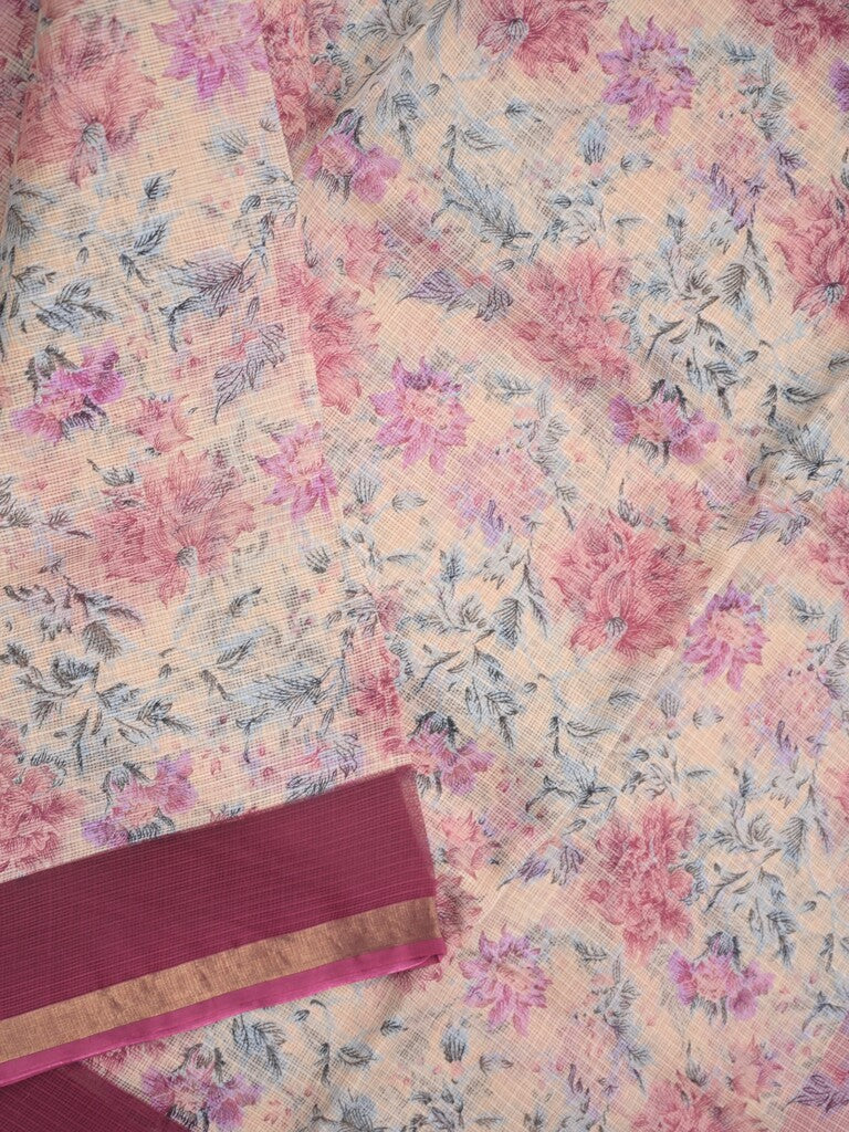 Kota fancy fancy saree light cream color allover prints & zari border with printed pallu and contrast plain blouse