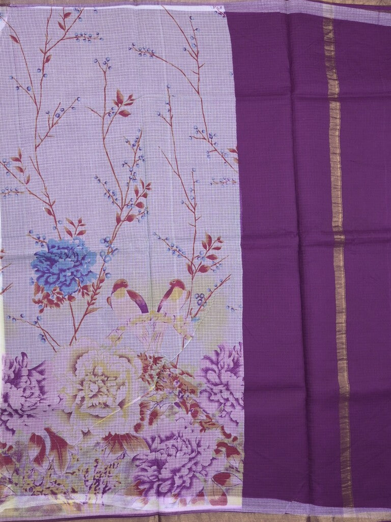 Kota fancy fancy saree half white color allover prints & zari border with printed pallu and contrast plain blouse