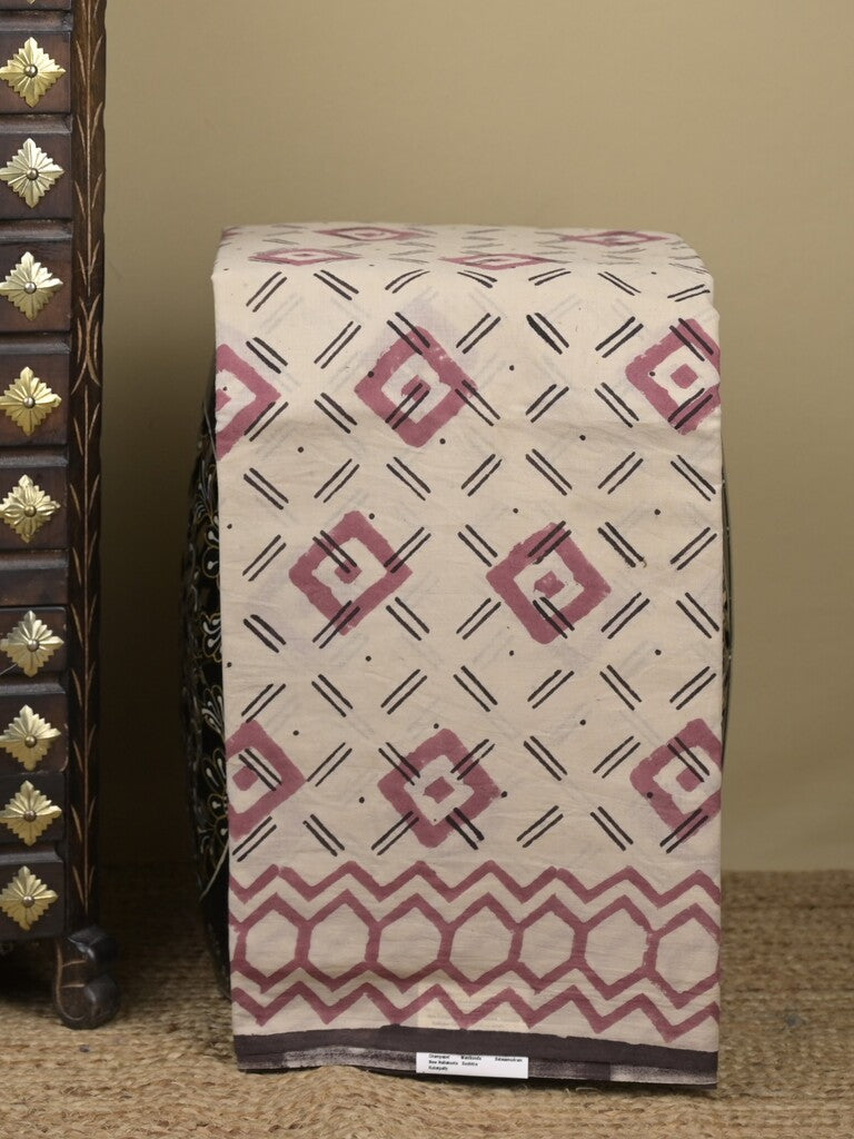 Maheswari fancy saree in cream color with pallu and attached printed blouse