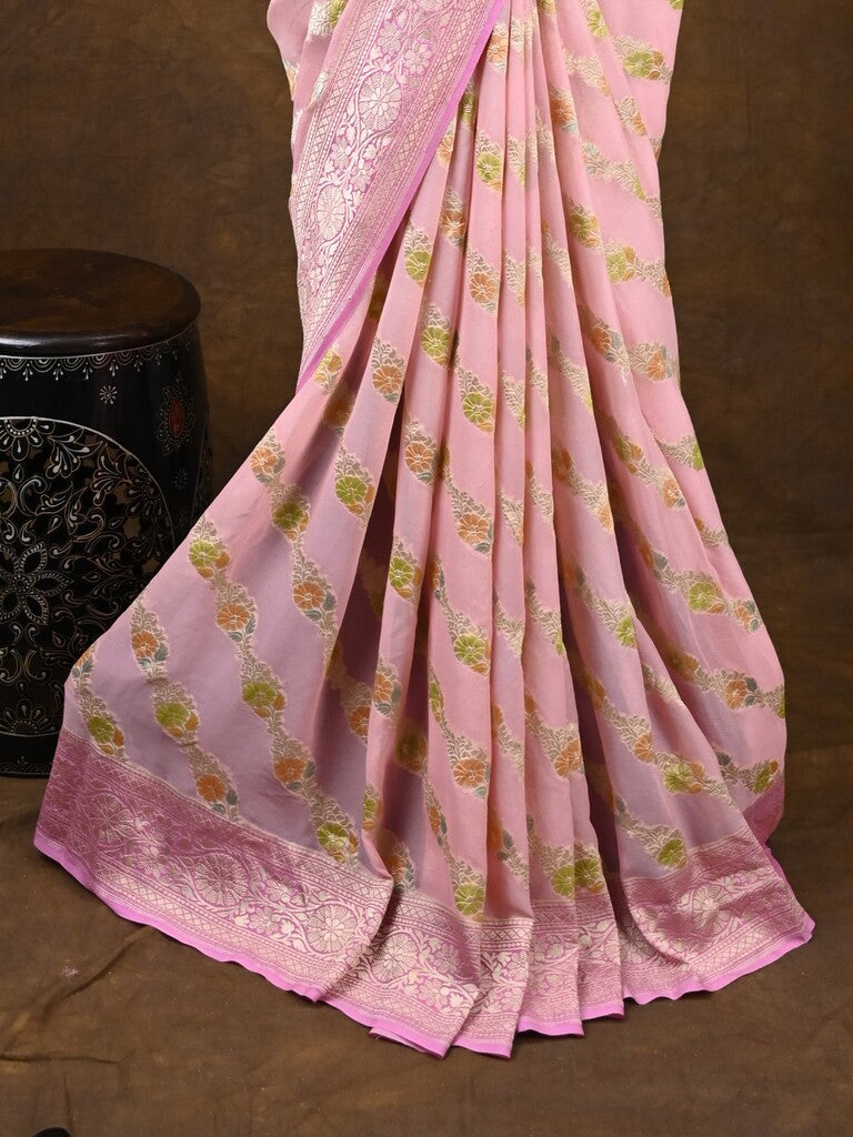 Pure georgette fancy saree baby pink color allover zari motifs & zari border with rich pallu and plain blouse