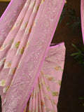 Pure georgette fancy saree baby pink color allover zari motifs & zari border with rich pallu and plain blouse
