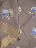 Dola silk fancy saree grey color allover prints & zari border with short pallu and printed self blouse