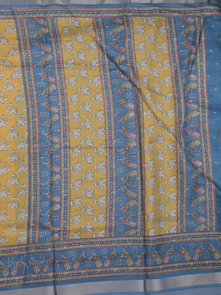 Kota fancy fancy saree light yellow color allover prints & zari border with printed pallu and contrast plain blouse
