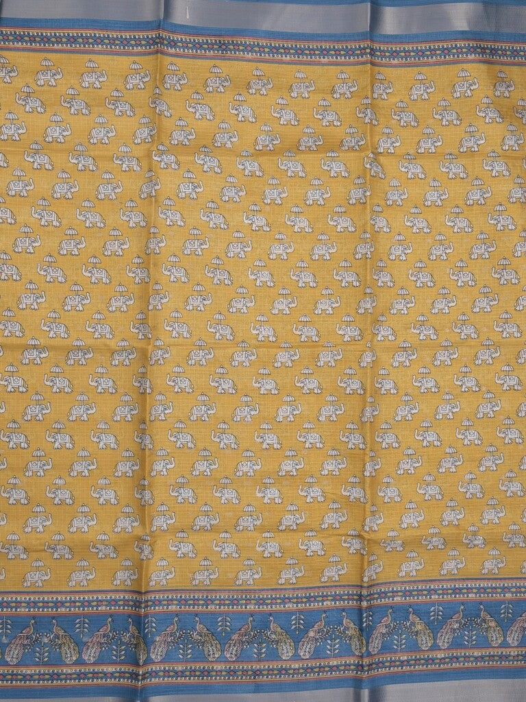 Kota fancy fancy saree light yellow color allover prints & zari border with printed pallu and contrast plain blouse