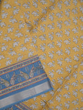 Kota fancy fancy saree light yellow color allover prints & zari border with printed pallu and contrast plain blouse