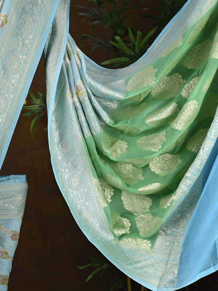 Pure georgette fancy saree light blue color allover zari motifs & zari border with rich pallu and plain blouse