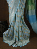 Pure georgette fancy saree light blue color allover zari motifs & zari border with rich pallu and plain blouse