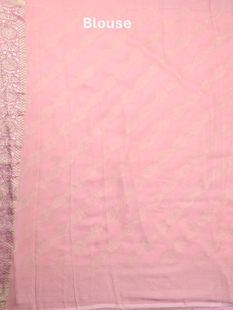 Pure georgette fancy saree baby pink color allover zari motifs & zari border with rich pallu and plain blouse