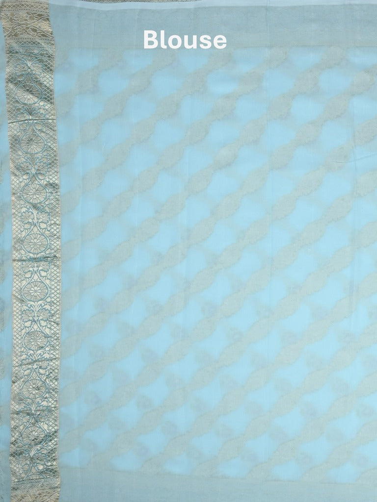 Pure georgette fancy saree light blue color allover zari motifs & zari border with rich pallu and plain blouse
