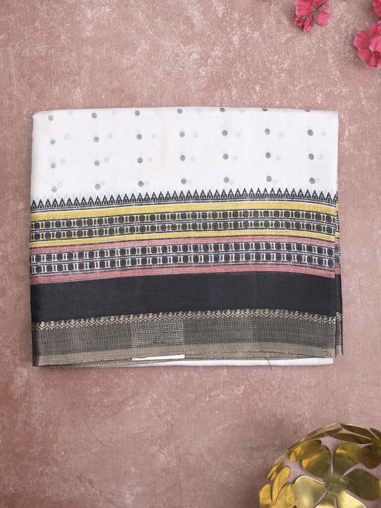 Kota fancy fancy saree white & black color allover prints & zari border with printed pallu and printed blouse