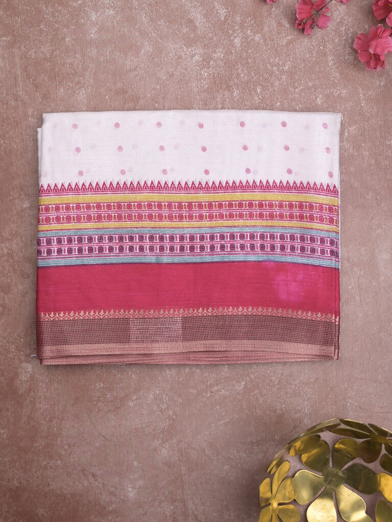 Kota fancy fancy saree white & pink color allover prints & zari border with printed pallu and printed blouse