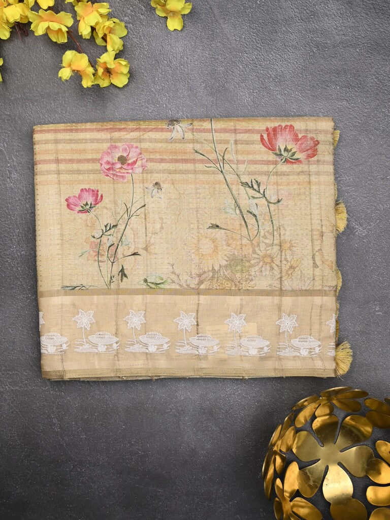 Tussar tissue fancy saree beige color allover prints & embroidery border with short pallu and plain blouse