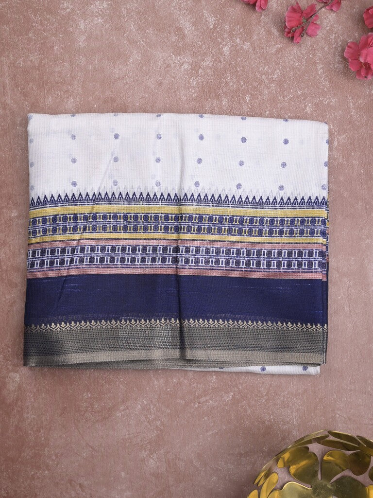 Kota fancy fancy saree white & blue color allover prints & zari border with printed pallu and printed blouse