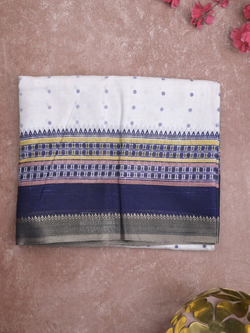 Kota fancy fancy saree white & blue color allover prints & zari border with printed pallu and printed blouse
