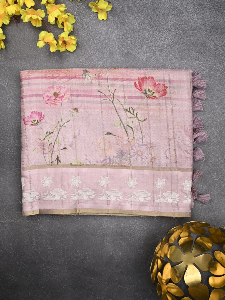 Tussar tissue fancy saree light purple color allover prints & embroidery border with short pallu and plain blouse