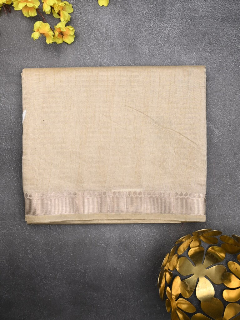 Chanderi fancy saree light cream color allover prints & zari border with short pallu and plain blouse