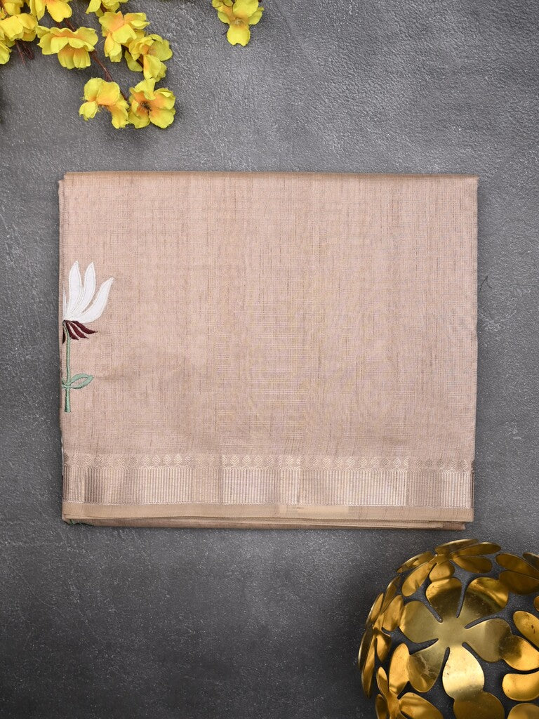 Chanderi fancy saree light peach color allover prints & zari border with short pallu and plain blouse