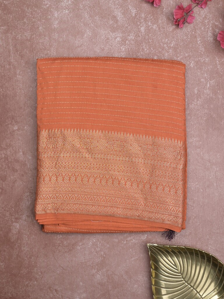 Georgette fancy saree orange color allover stripes & zari border with short pallu and self blouse