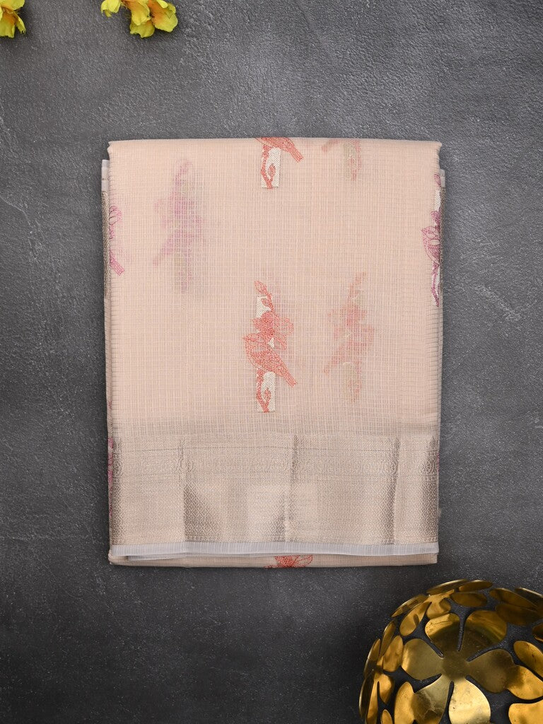 Kota fancy saree pastel peach color allover embroidery motifs & zari border with short pallu and plain blouse