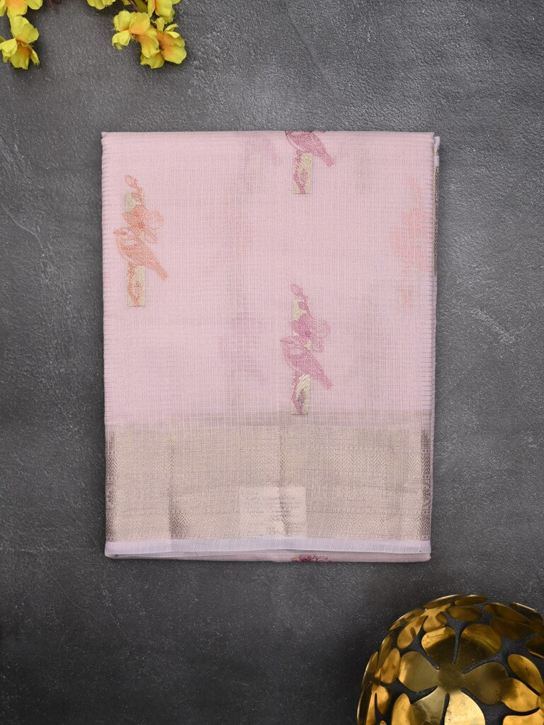 Kota fancy saree pastel pink color allover embroidery motifs & zari border with short pallu and plain blouse