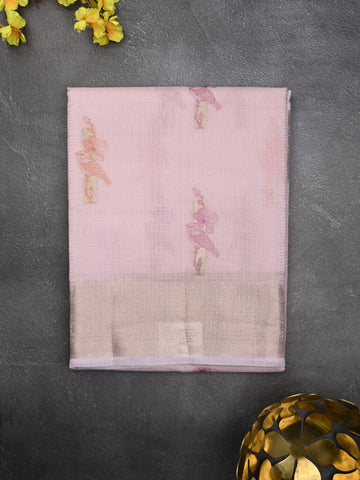 Kota fancy saree pastel pink color allover embroidery motifs & zari border with short pallu and plain blouse