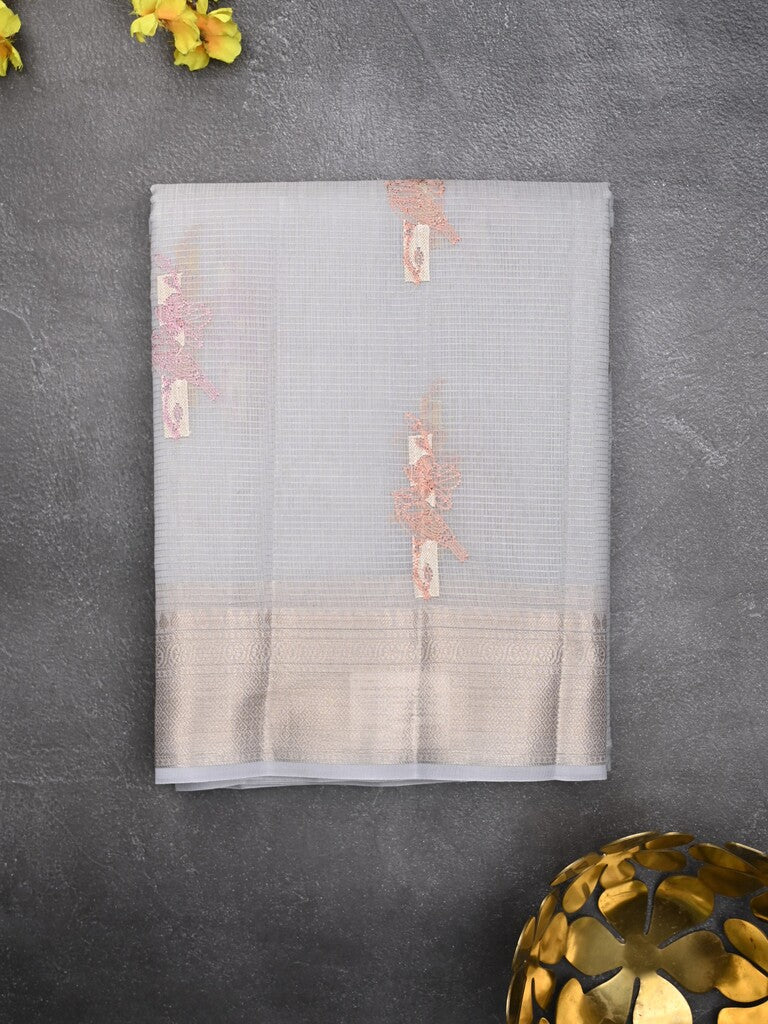 Kota fancy saree bluish grey color allover embroidery motifs & zari border with short pallu and plain blouse