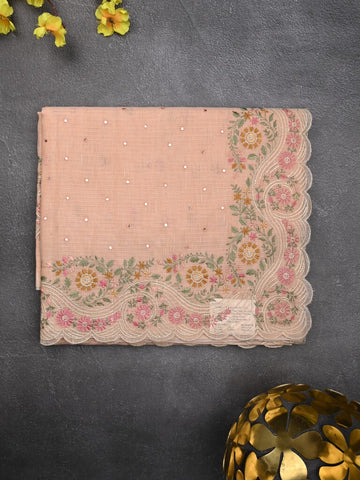 Chanderi fancy saree peach color allover mirror work & embroidery cutwork border with running pallu and attached blouse