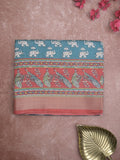 Dola silk fancy saree peacock blue color allover prints & zari border with printed pallu and contrast blouse