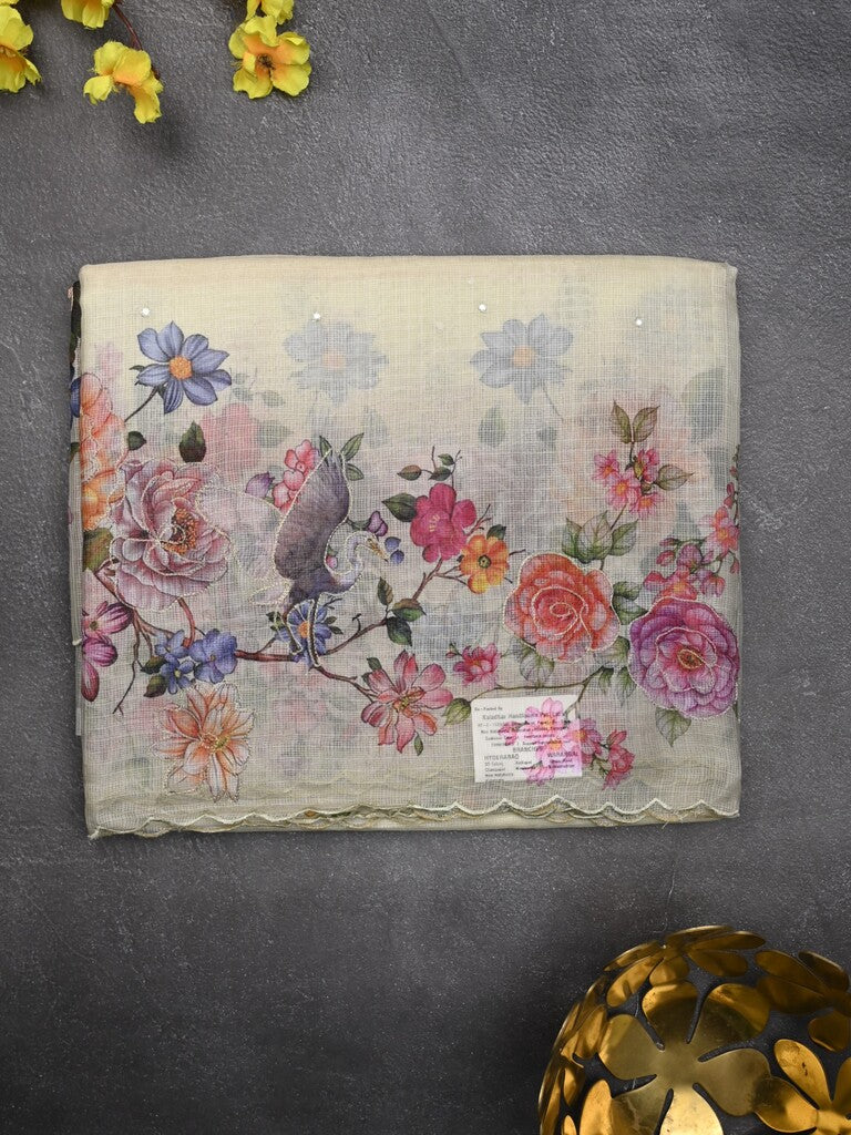 Silk kota fancy saree cream color allover mirror work & sequence cutwork border with running pallu and printed blouse