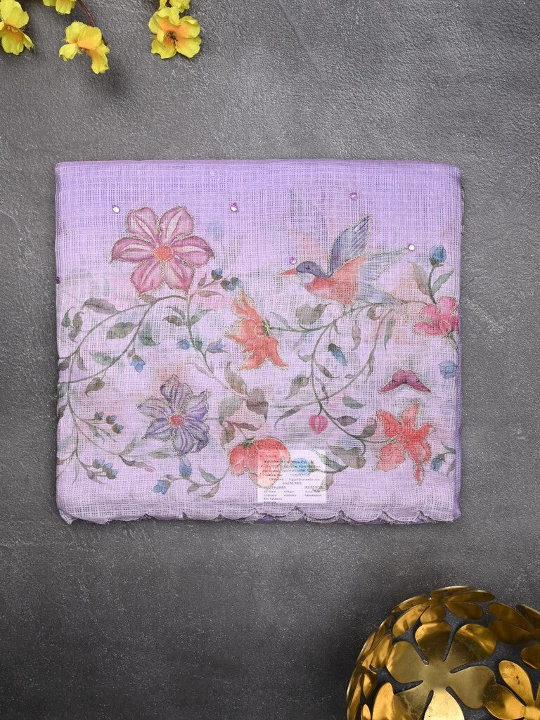 Silk kota fancy saree lavender color allover mirror work & sequence cutwork border with running pallu and printed blouse