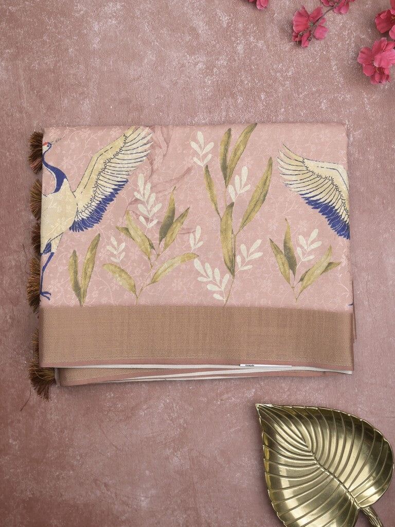 Dola silk fancy saree light peach color allover prints & kaddi border with self pallu and contrast blouse