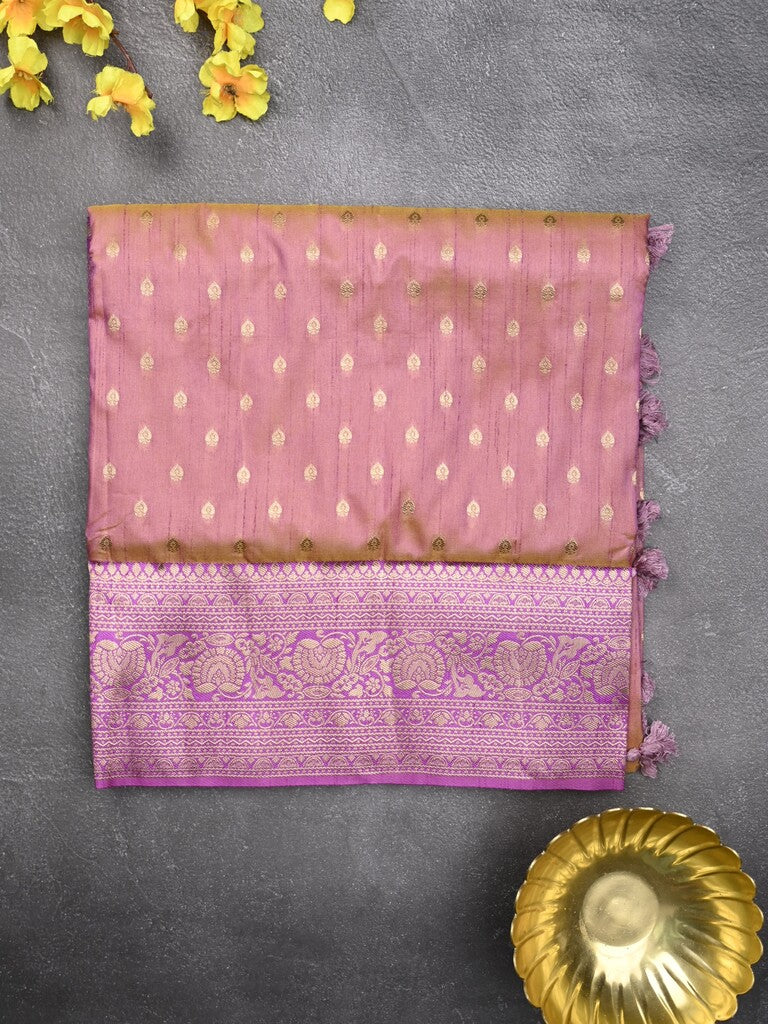 Dupion fancy saree brownish pink color allover zari motifs & zari border with rich pallu and plain blouse