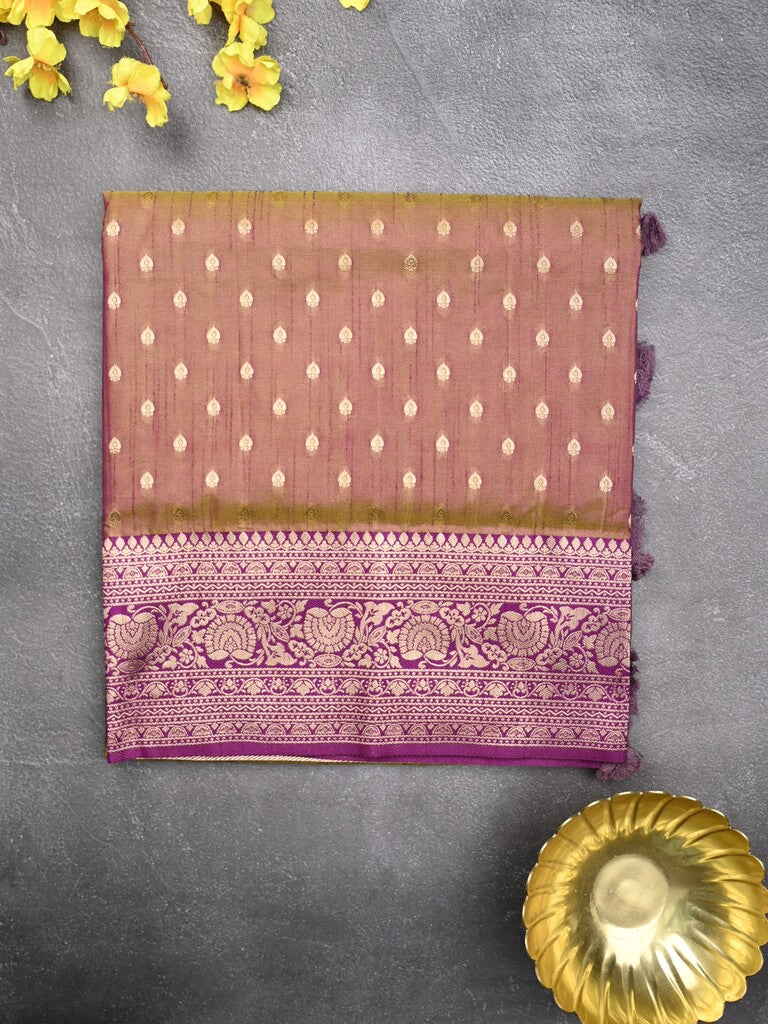 Dupion fancy saree brown color allover zari motifs & zari border with rich pallu and plain blouse