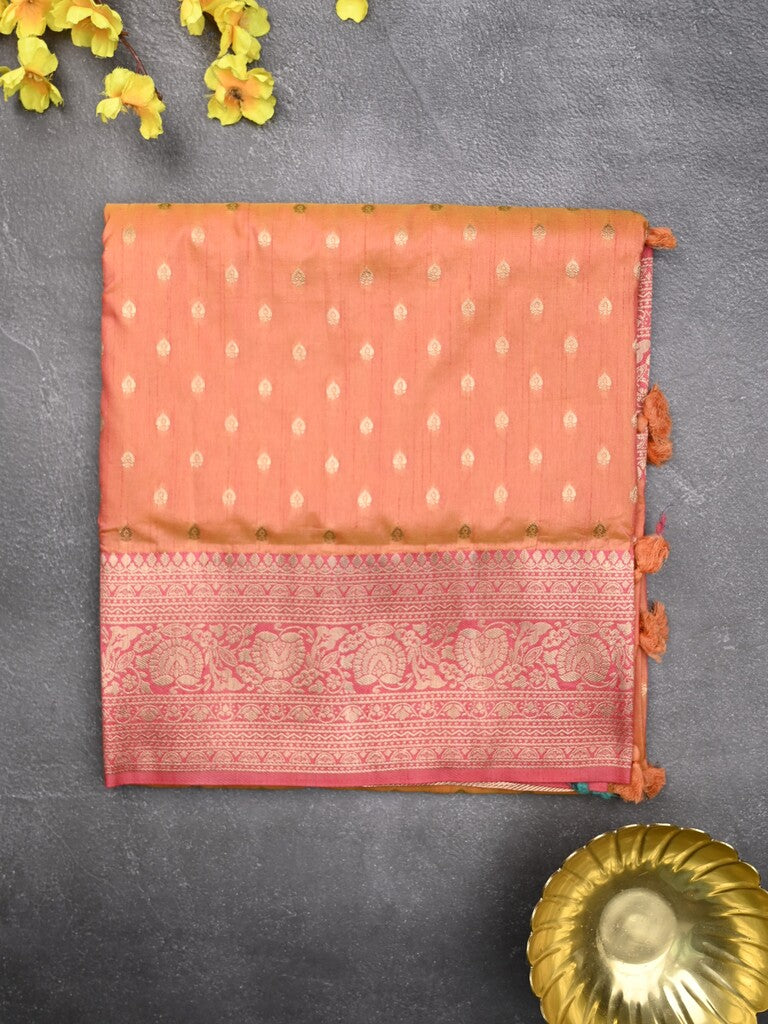 Dupion fancy saree peach color allover zari motifs & zari border with rich pallu and plain blouse