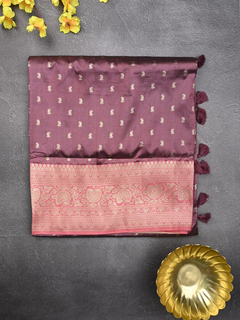 Dupion fancy saree dark wine color allover zari motifs & zari border with rich pallu and plain blouse