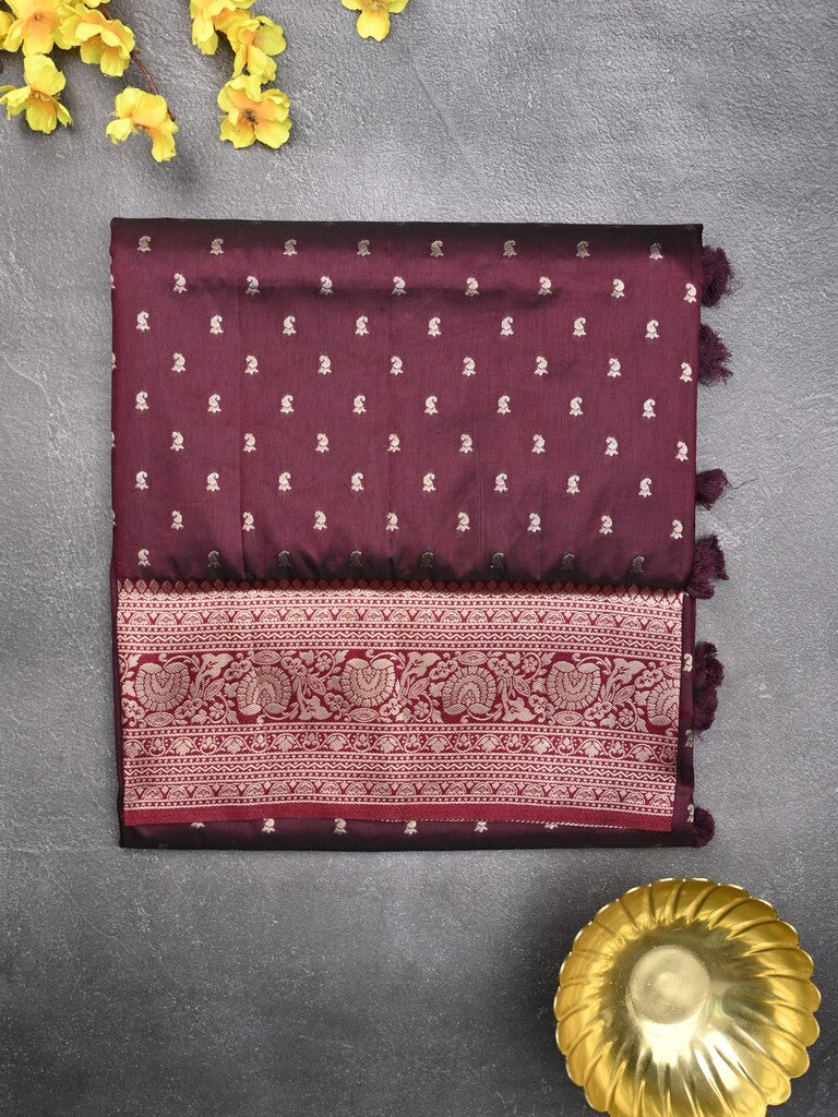 Dupion fancy saree dark maroon color allover zari motifs & zari border with rich pallu and plain blouse