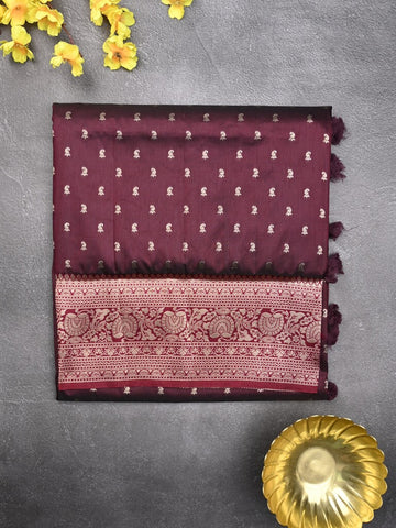 Dupion fancy saree dark maroon color allover zari motifs & zari border with rich pallu and plain blouse