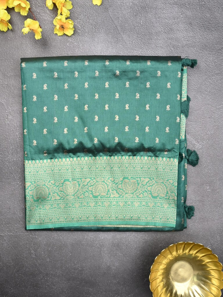 Dupion fancy saree peacock green color allover zari motifs & zari border with rich pallu and plain blouse