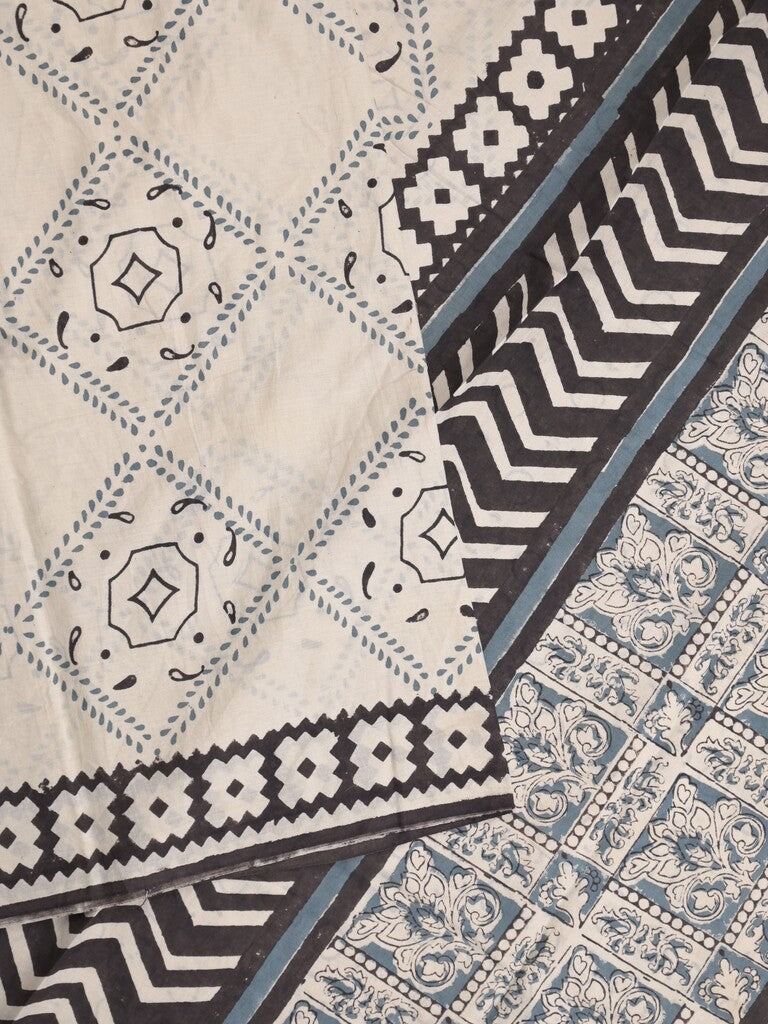 Maheswari fancy saree in white color with pallu and attached printed blouse