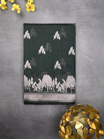 Raw silk fancy saree dark green color allover zari motifs & zari border with zari pallu and plain blouse