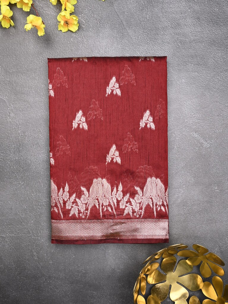 Raw silk fancy saree maroon color allover zari motifs & zari border with zari pallu and plain blouse
