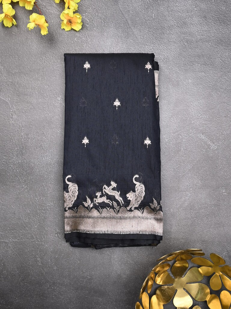 Raw silk fancy saree dark blue color allover zari motifs & zari border with zari pallu and plain blouse