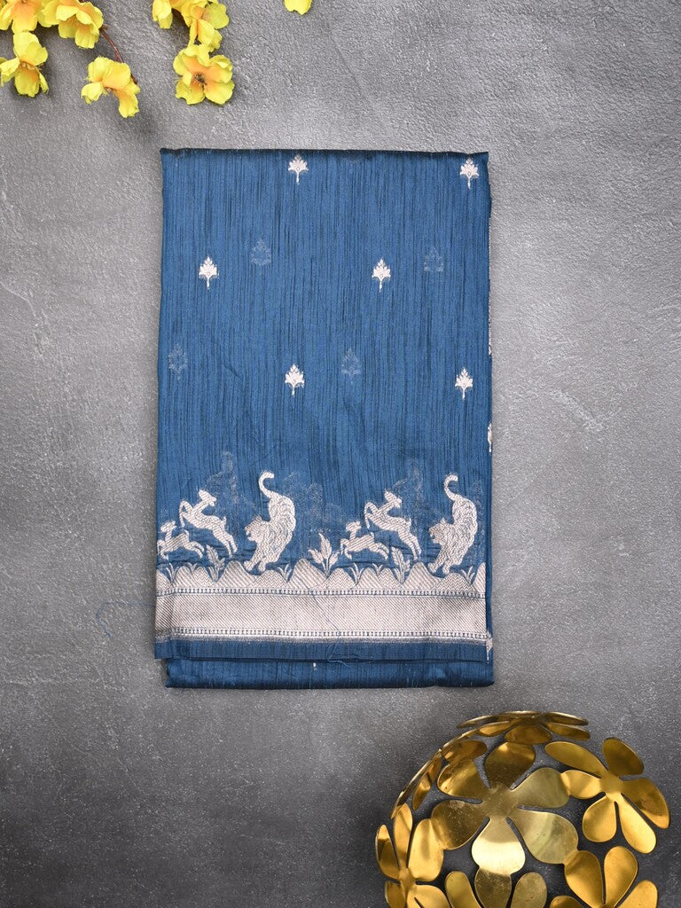 Raw silk fancy saree blue color allover zari motifs & zari border with zari pallu and plain blouse