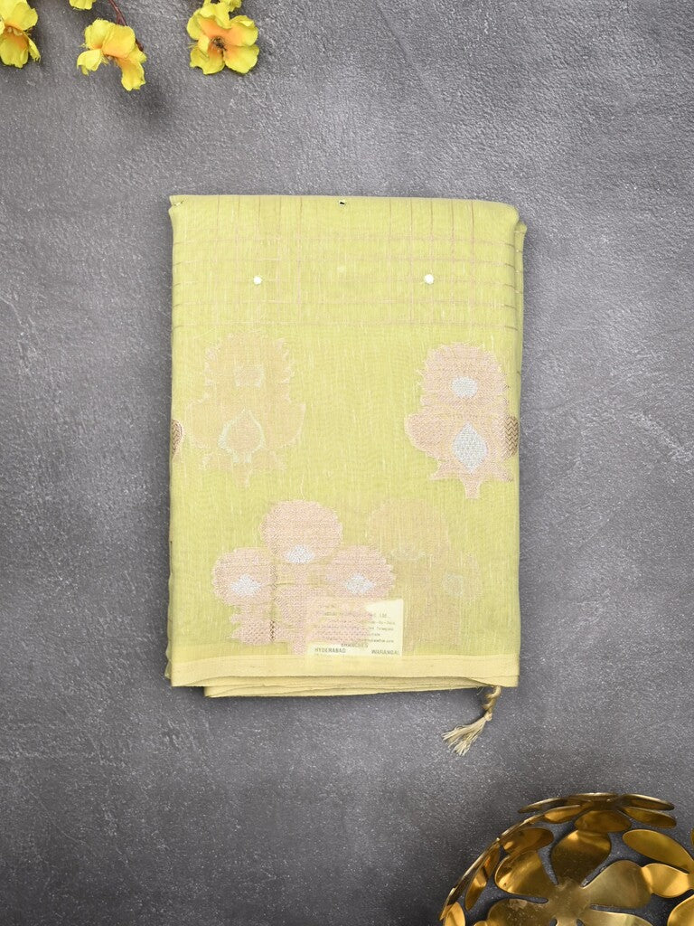 Chanderi fancy saree light green color allover mirror work & zari border with short pallu and self blouse