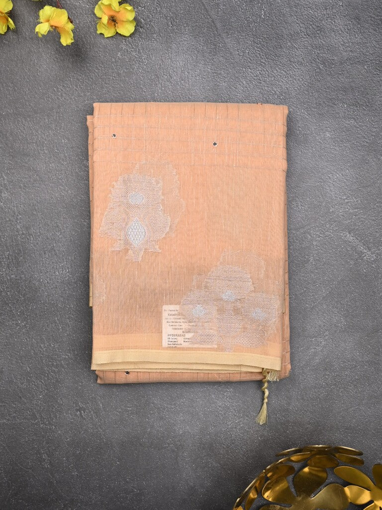 Chanderi fancy saree peach color allover mirror work & zari border with short pallu and self blouse