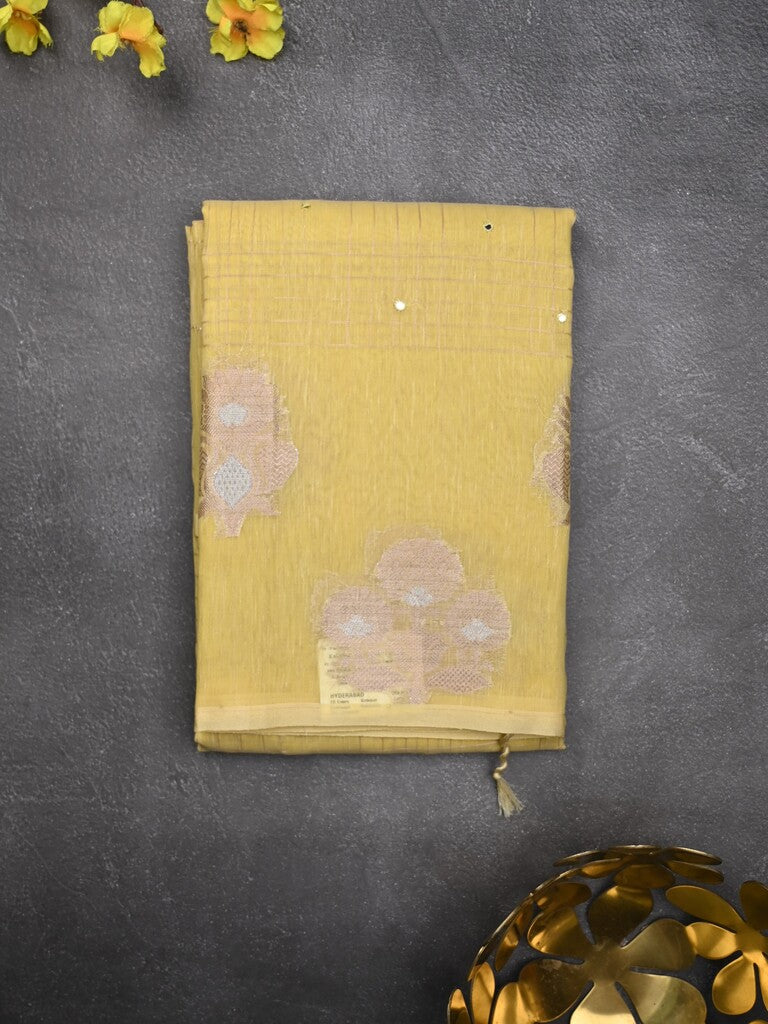 Chanderi fancy saree yellow color allover mirror work & zari border with short pallu and self blouse